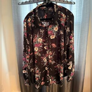 Torrid 3X Black Floral Print Button-Down Blouse Plus Size Long Sleeve